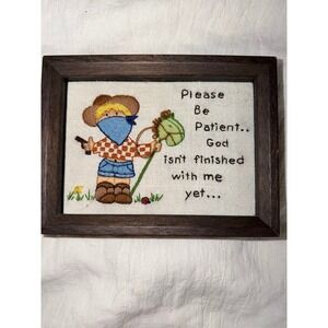 Crewel stitched embroidered little boy horse brown wood frame vintage.